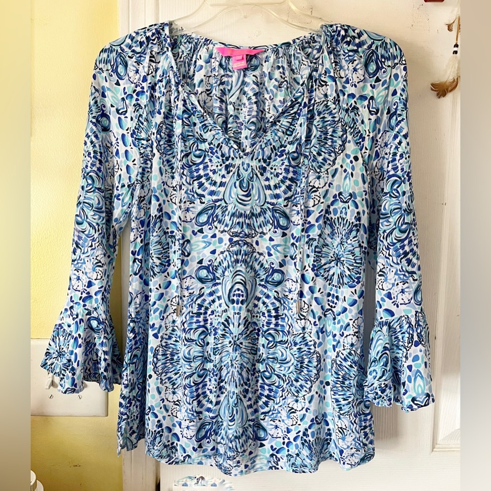 Lily Pulitzer Blue/White Women Blouse long bell Sleeve. Ruched / Tie Neck Sz XS